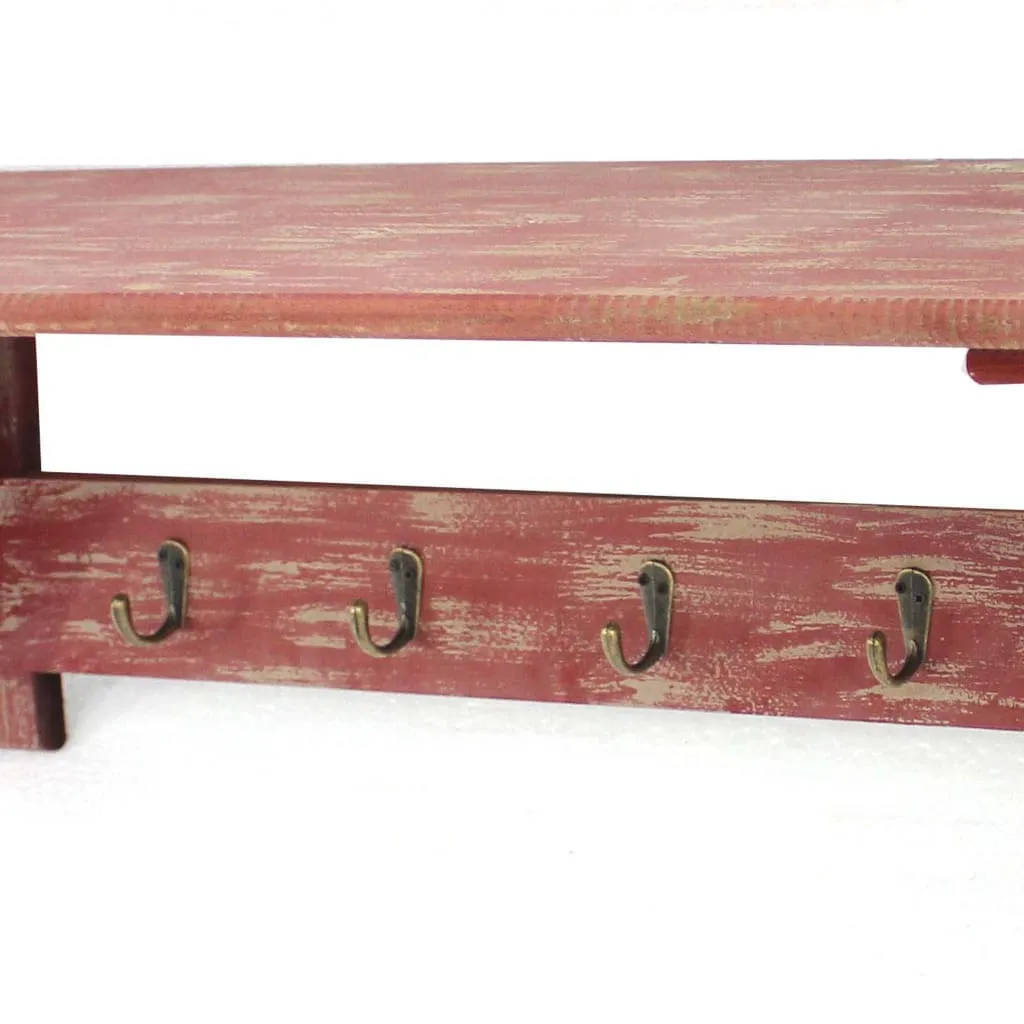 30" 4-Hook Wall Shelf with Clipped Corners, Distressed Red By Casagear Home