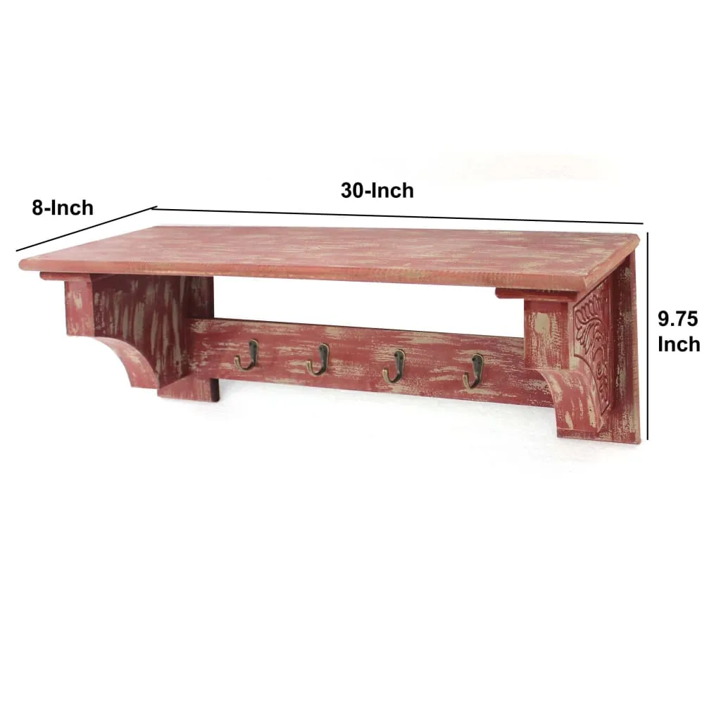 30" 4-Hook Wall Shelf with Clipped Corners, Distressed Red By Casagear Home