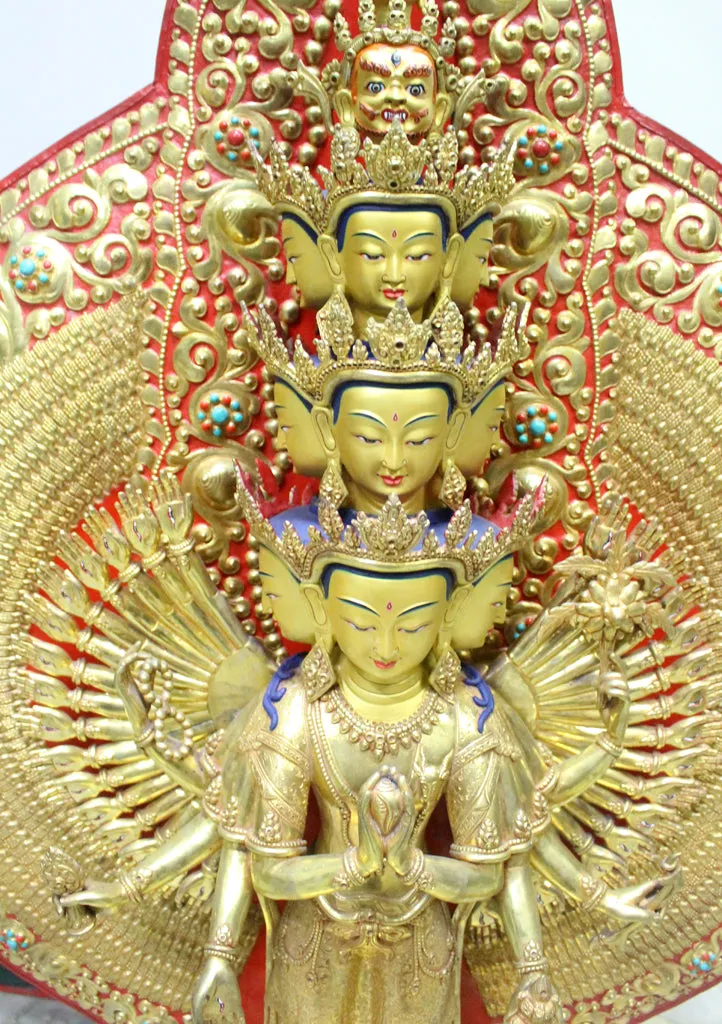 50" High Magnificent Thousand Armed Avalokiteshvara Gold Plated Statue