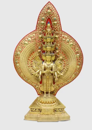 50" High Magnificent Thousand Armed Avalokiteshvara Gold Plated Statue