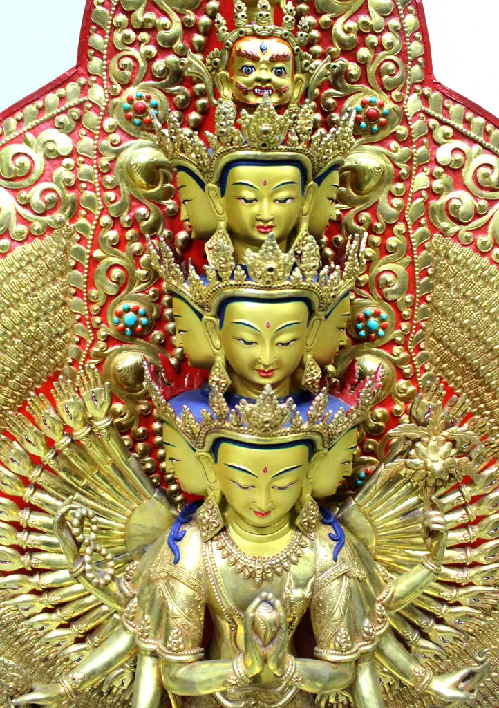 50" High Magnificent Thousand Armed Avalokiteshvara Gold Plated Statue