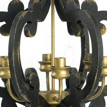 Aki 21 Inch Carved Wood Chandelier, 6 Lights, Vintage Classic, Black, Gold By Casagear Home
