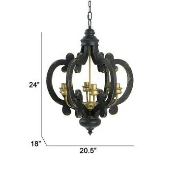 Aki 21 Inch Carved Wood Chandelier, 6 Lights, Vintage Classic, Black, Gold By Casagear Home
