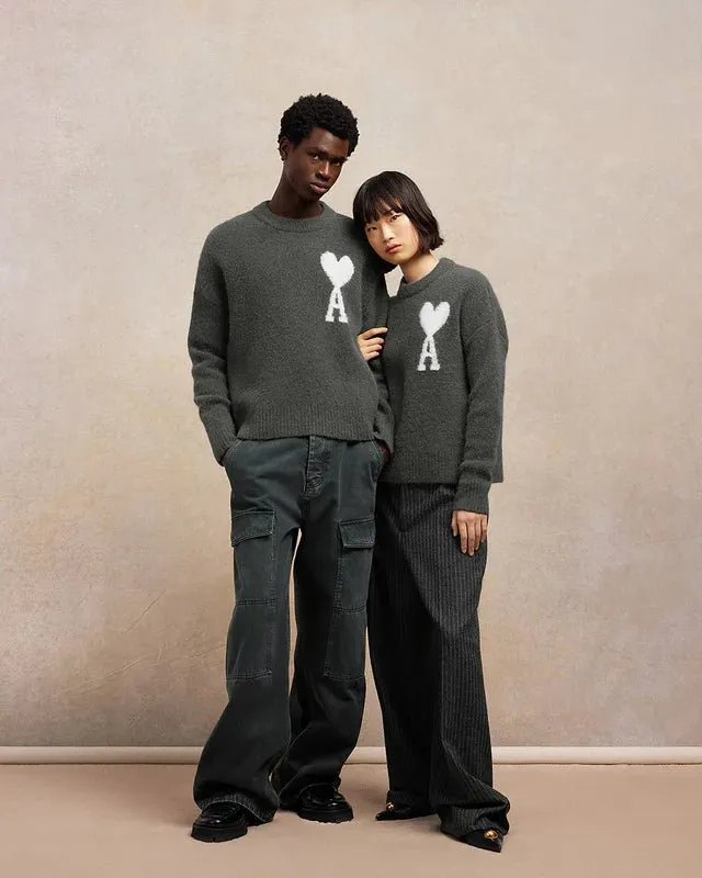 Ami Paris - Pull col Rond Ami de Cœur - Gris Foncé