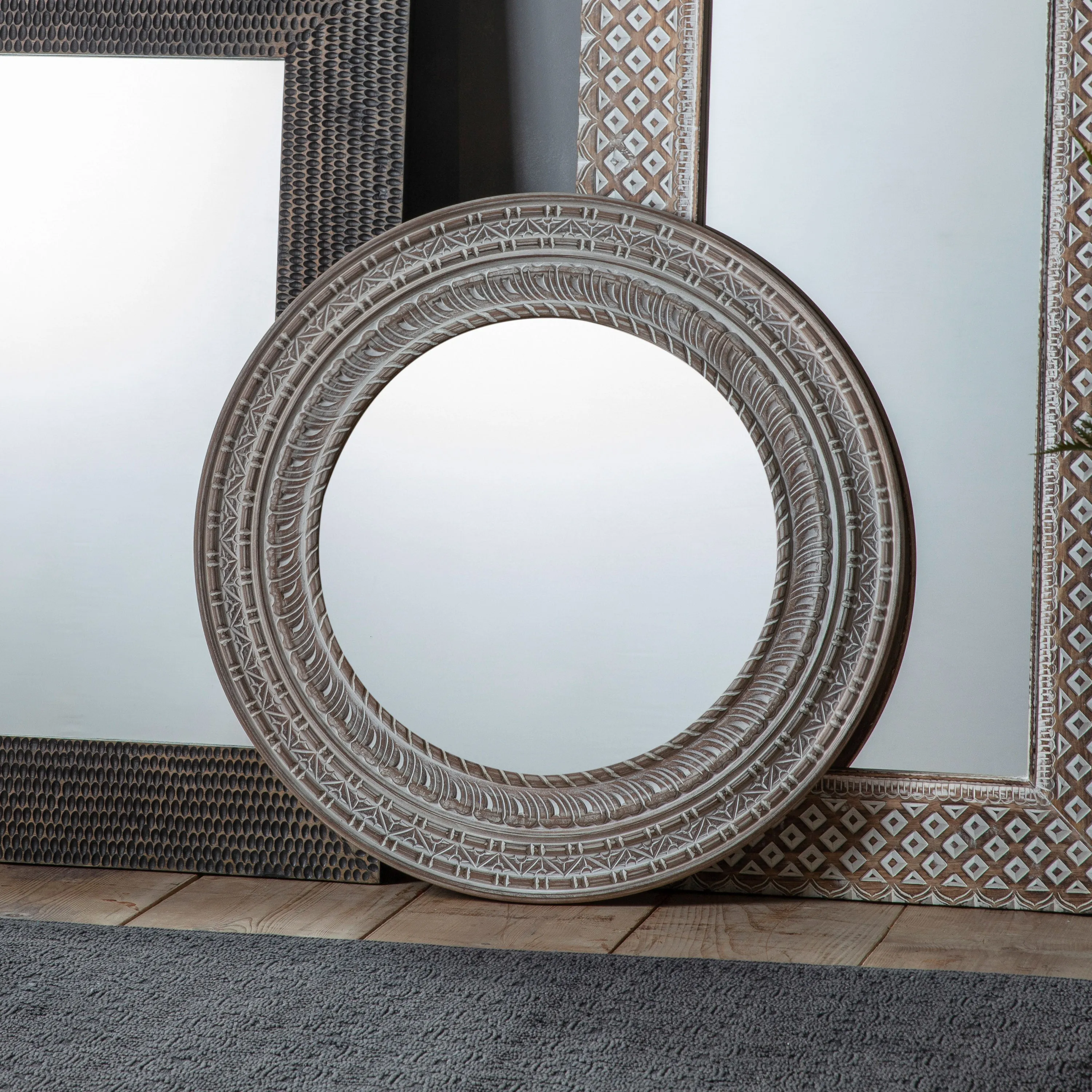 Amos White washed mango wood round mirror