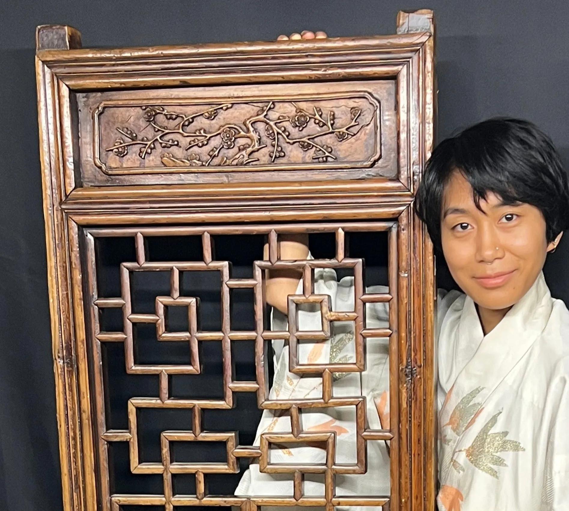 Antique Chinese Qing Dynasty 19th Hand Carved Wood Window Panel 21 x 66