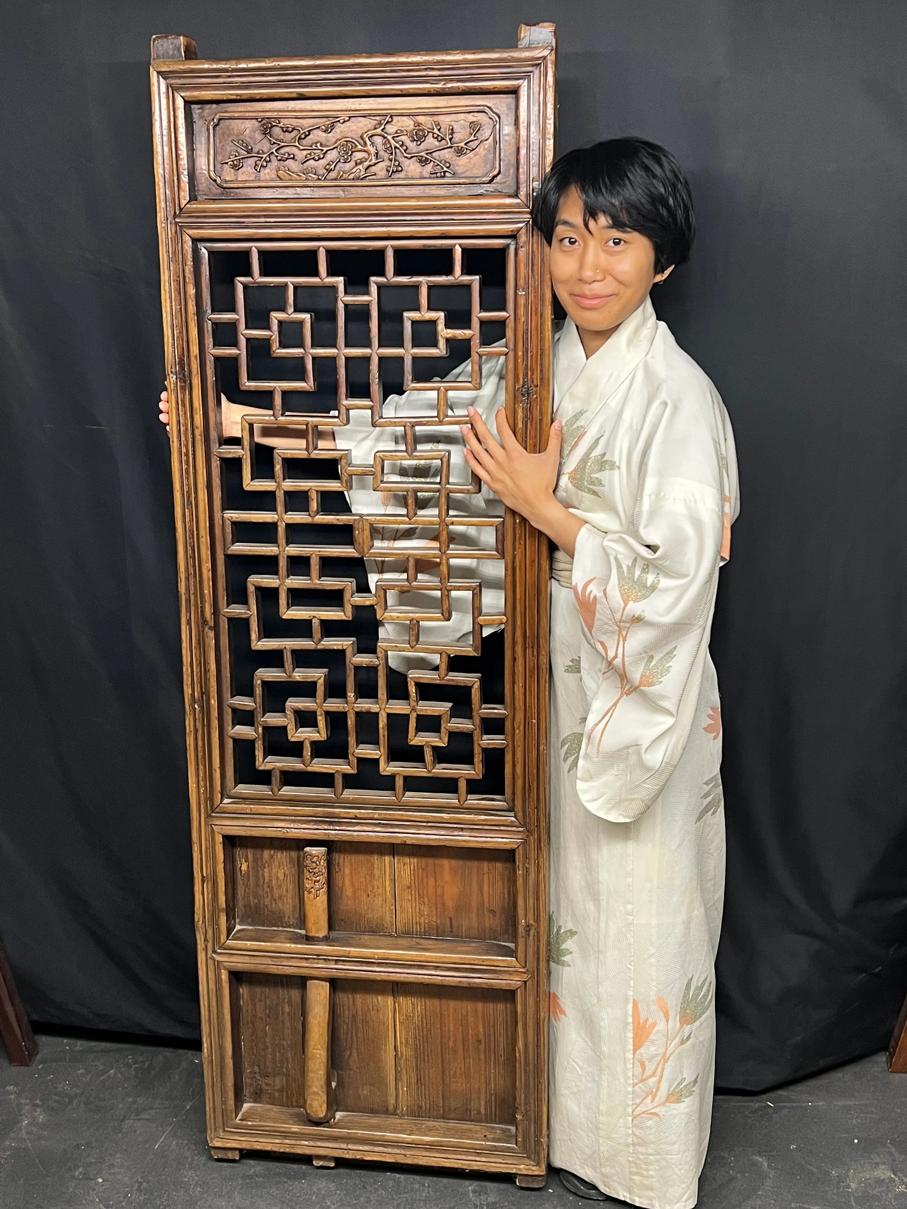 Antique Chinese Qing Dynasty 19th Hand Carved Wood Window Panel 21 x 66