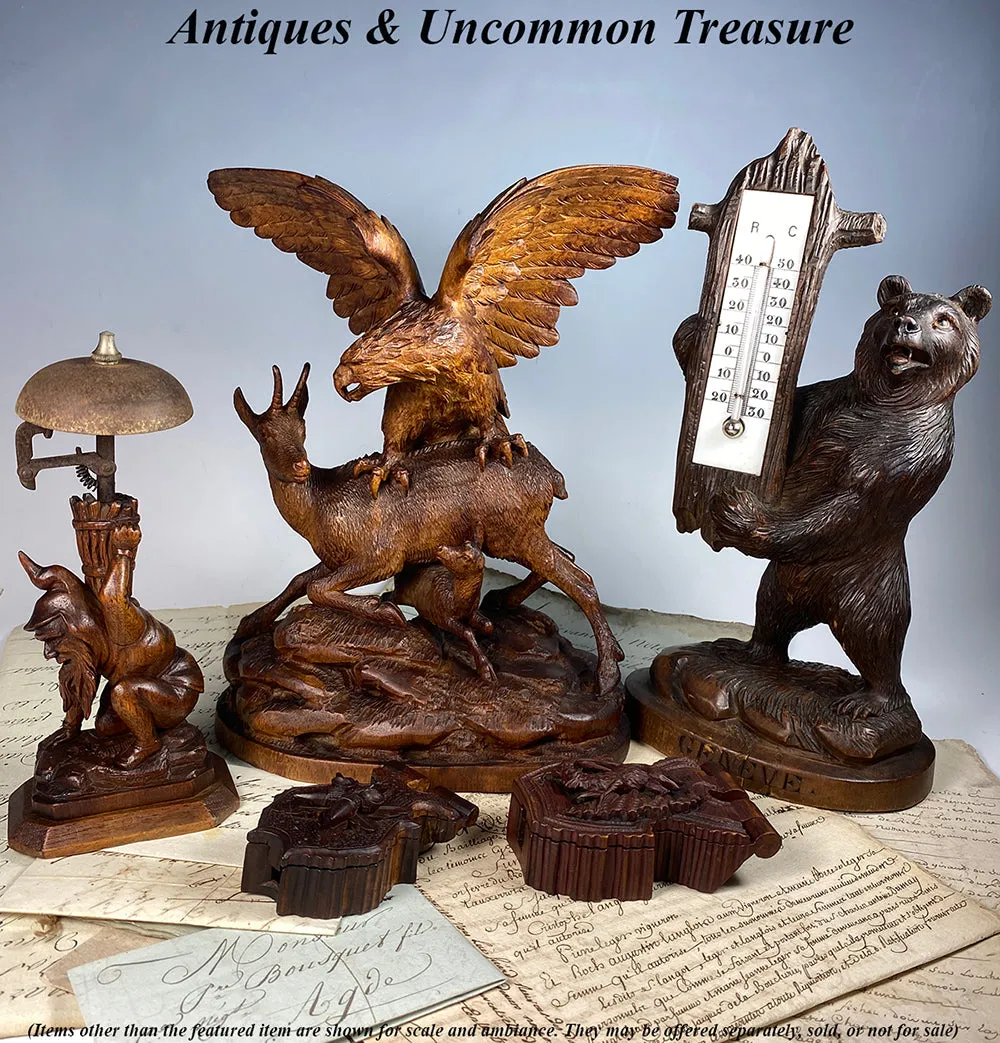 Antique Swiss Hand Carved Black Forest Pocket Watch Stand, Box, Holder w Acorns