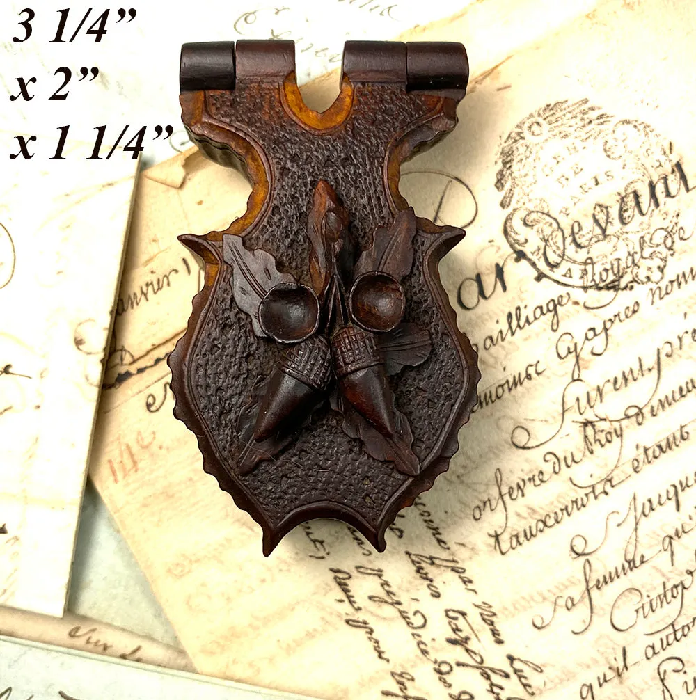 Antique Swiss Hand Carved Black Forest Pocket Watch Stand, Box, Holder w Acorns