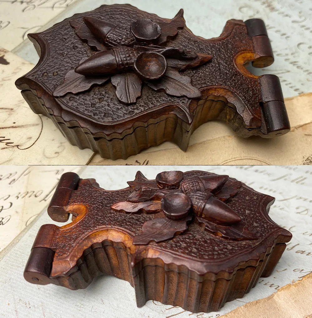 Antique Swiss Hand Carved Black Forest Pocket Watch Stand, Box, Holder w Acorns
