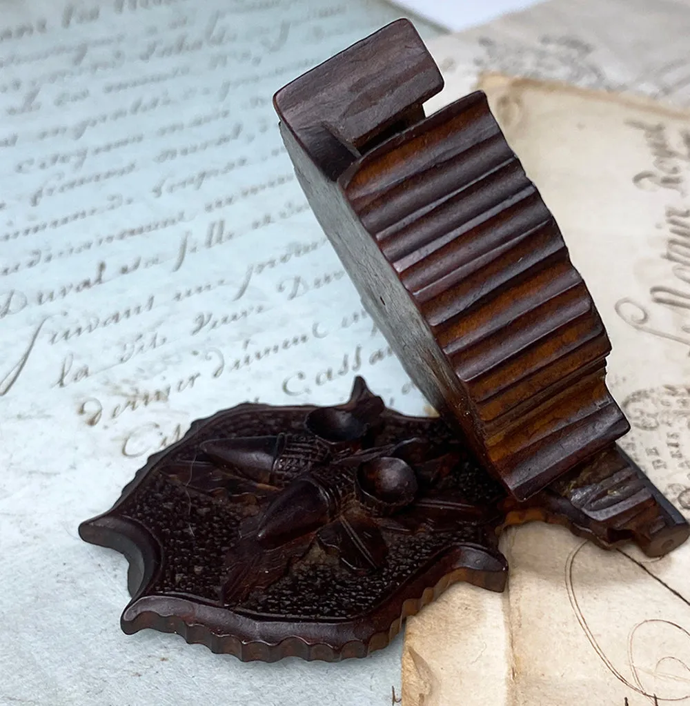Antique Swiss Hand Carved Black Forest Pocket Watch Stand, Box, Holder w Acorns