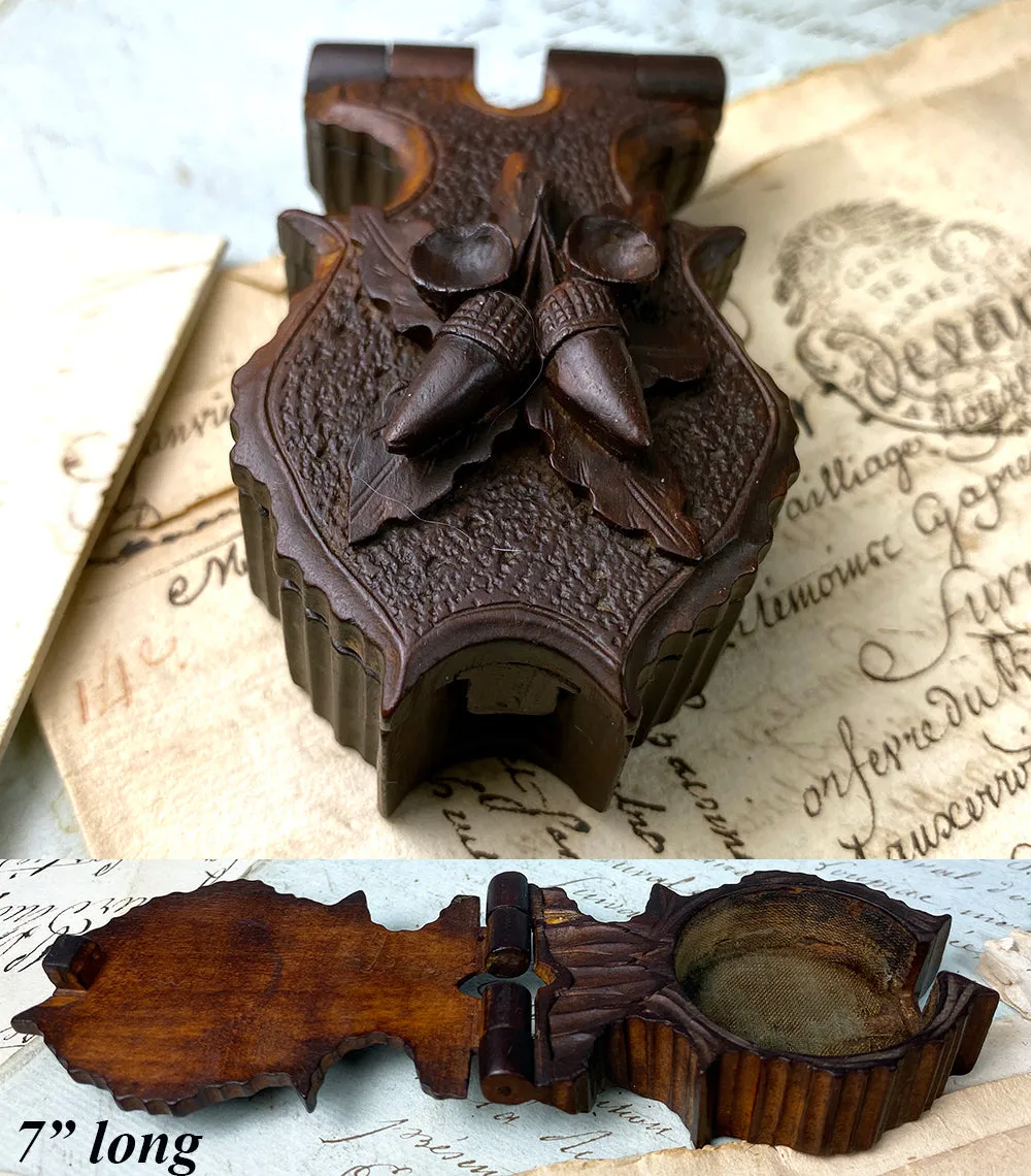 Antique Swiss Hand Carved Black Forest Pocket Watch Stand, Box, Holder w Acorns