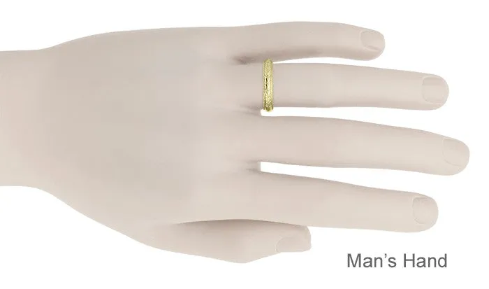 Art Deco Yellow Gold Millgrain Edged Hand Engraved Wheat Wedding Ring - 4mm Wide
