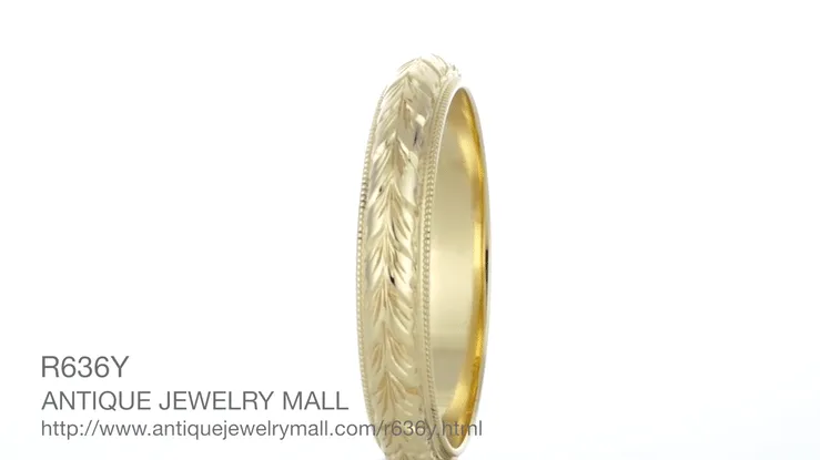 Art Deco Yellow Gold Millgrain Edged Hand Engraved Wheat Wedding Ring - 4mm Wide