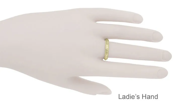 Art Deco Yellow Gold Millgrain Edged Hand Engraved Wheat Wedding Ring - 4mm Wide