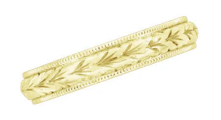 Art Deco Yellow Gold Millgrain Edged Hand Engraved Wheat Wedding Ring - 4mm Wide