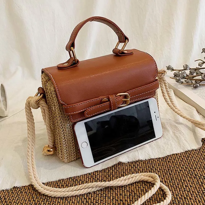 Beach Bag for Women Simple Portable Straw Square Crossbody Handbag