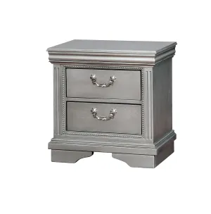 Benzara 2 Drawer Wooden Nightstand with Beaded Details, Silver