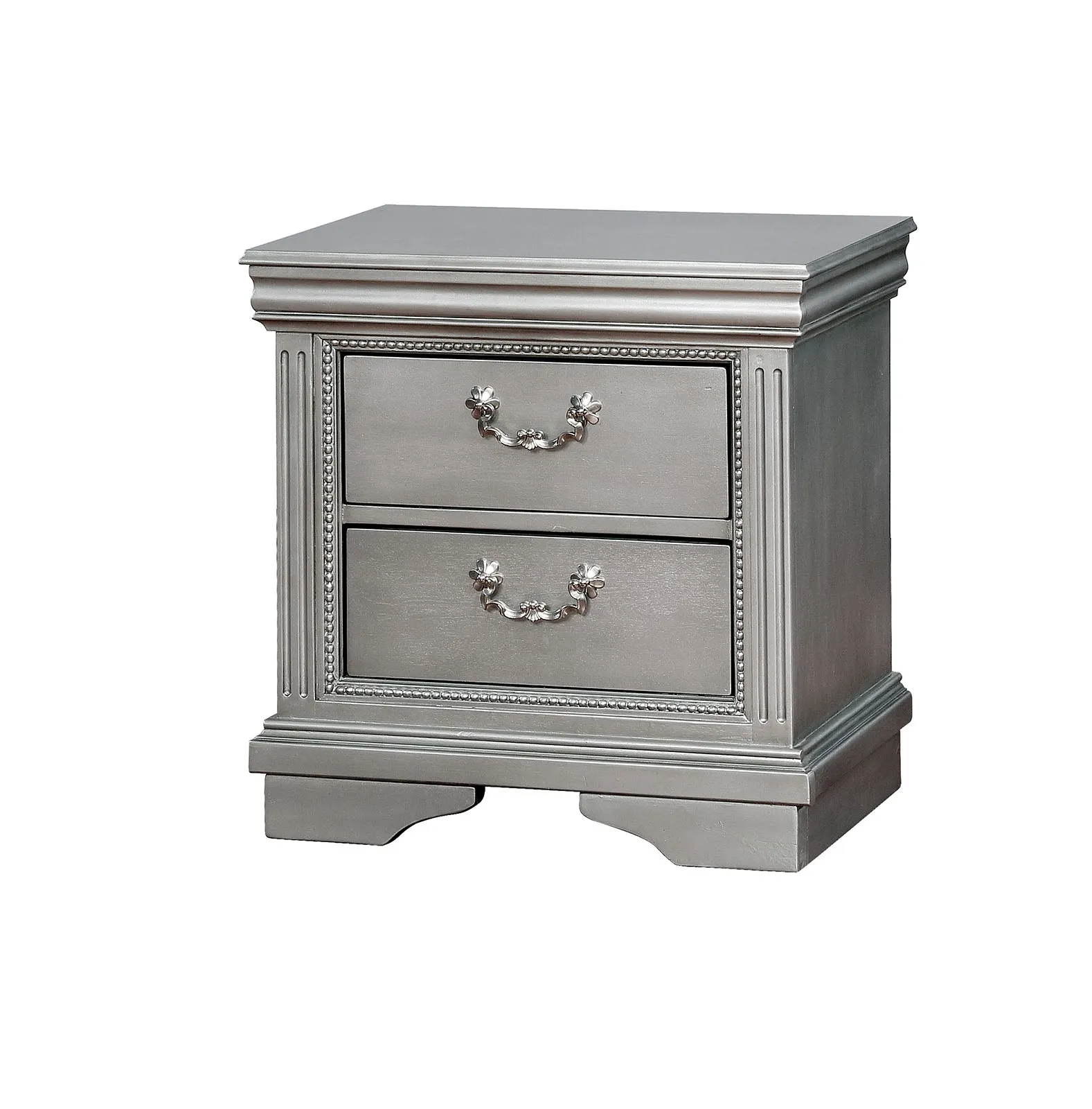 Benzara 2 Drawer Wooden Nightstand with Beaded Details, Silver