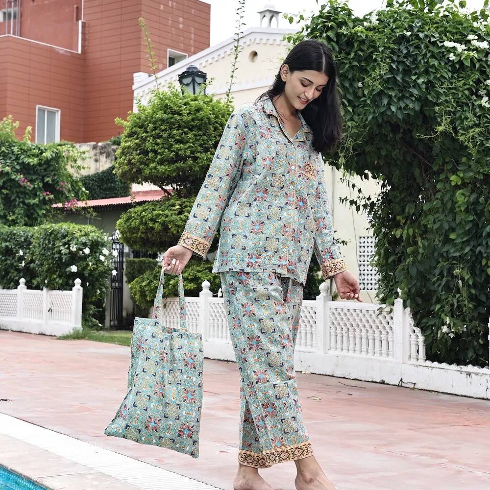 Block Printed Pajama Set: Jade