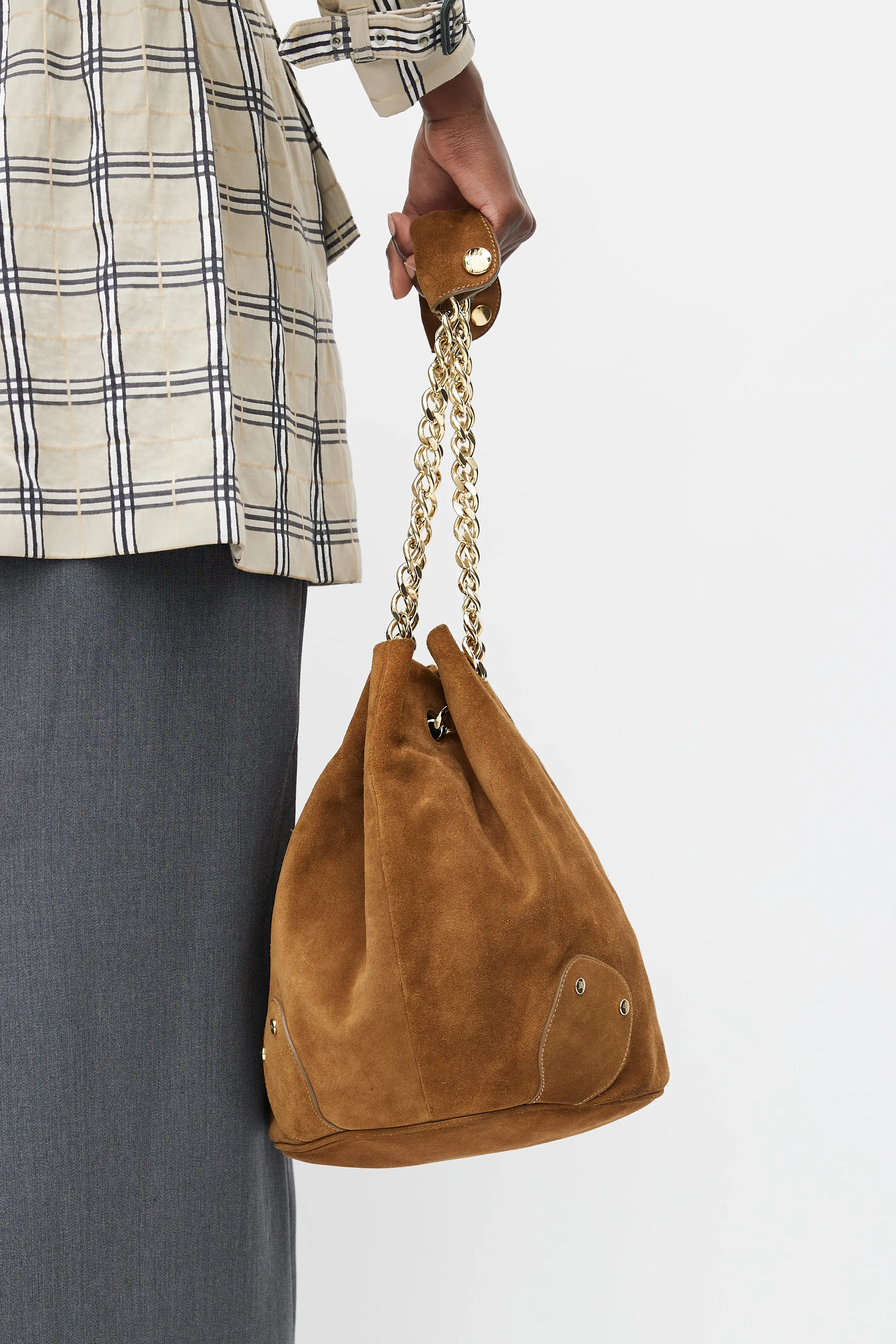 Brown & Gold Suede Bucket Bag