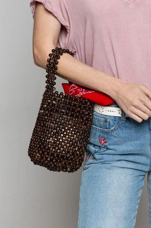 Brown Beaded Bucket Bag