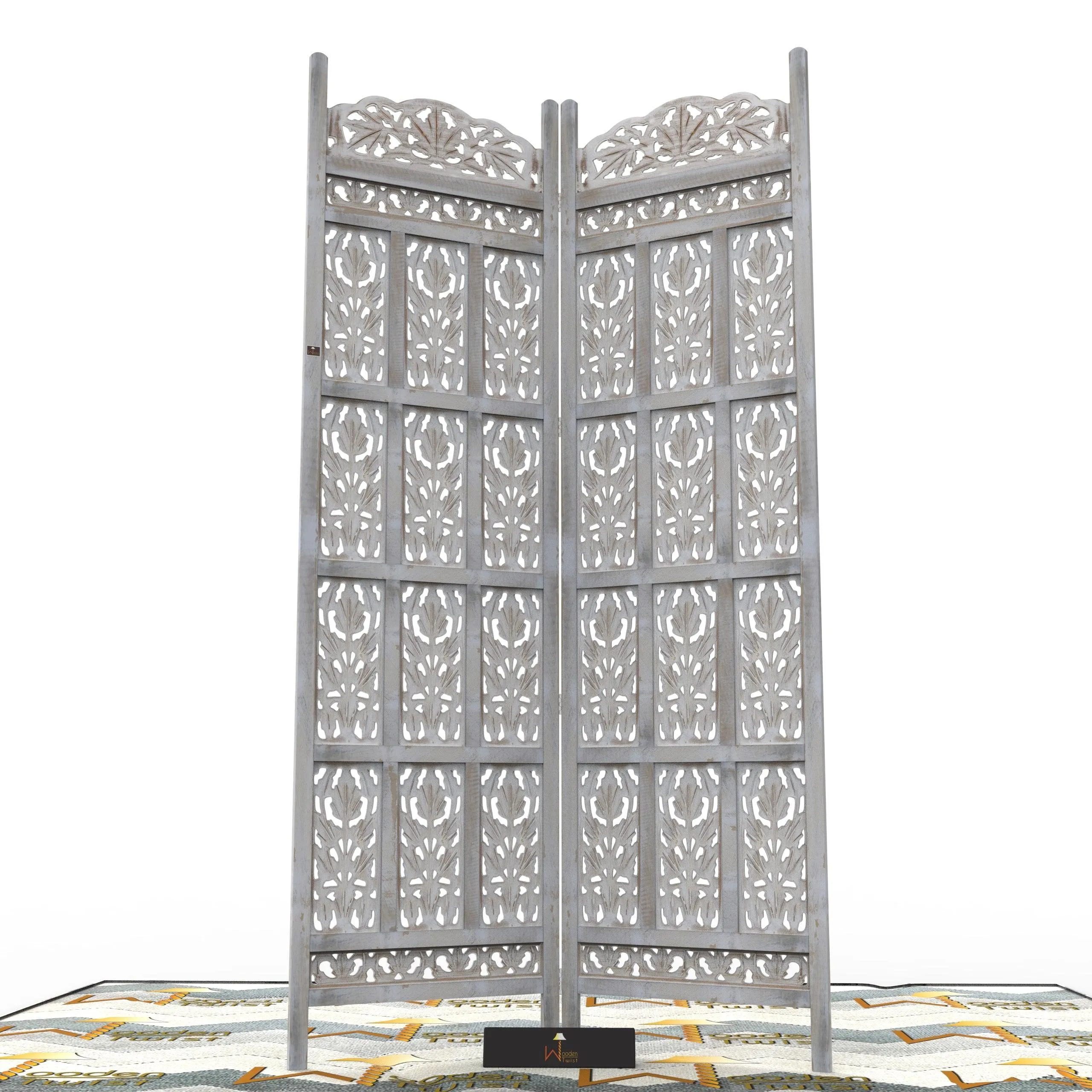 Carved Wood Room Divider Screen Antique White Wash Rustic Finish