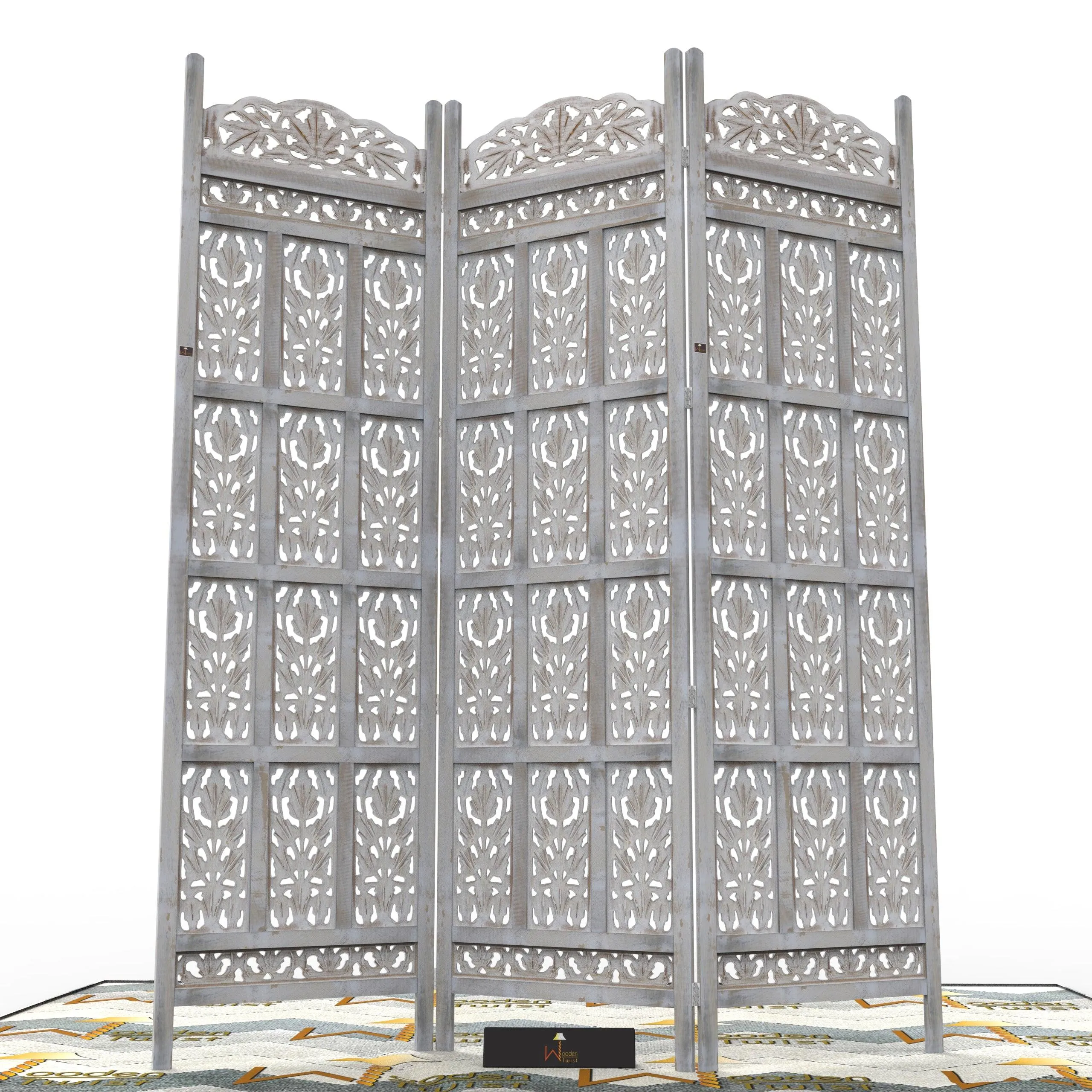 Carved Wood Room Divider Screen Antique White Wash Rustic Finish