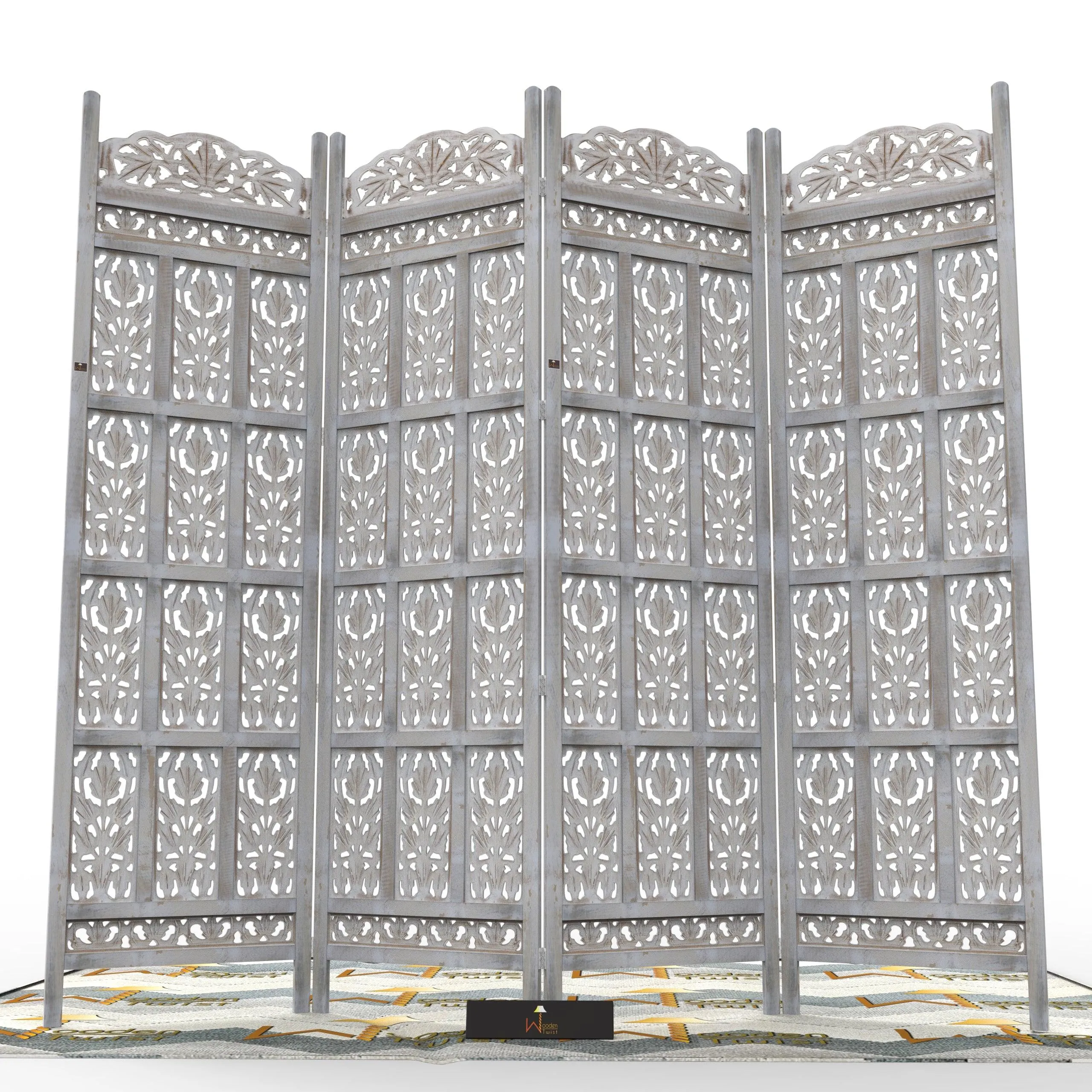 Carved Wood Room Divider Screen Antique White Wash Rustic Finish