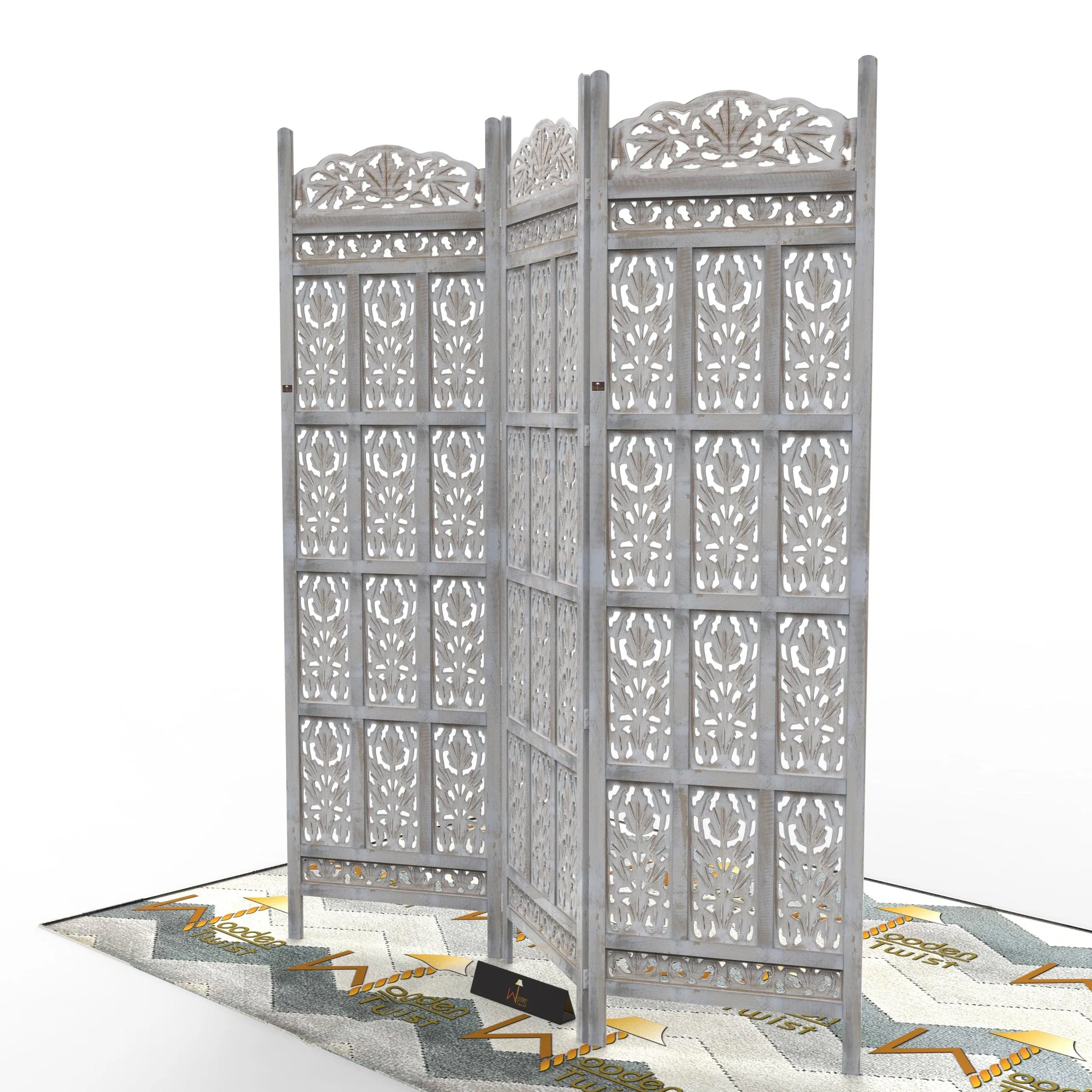 Carved Wood Room Divider Screen Antique White Wash Rustic Finish