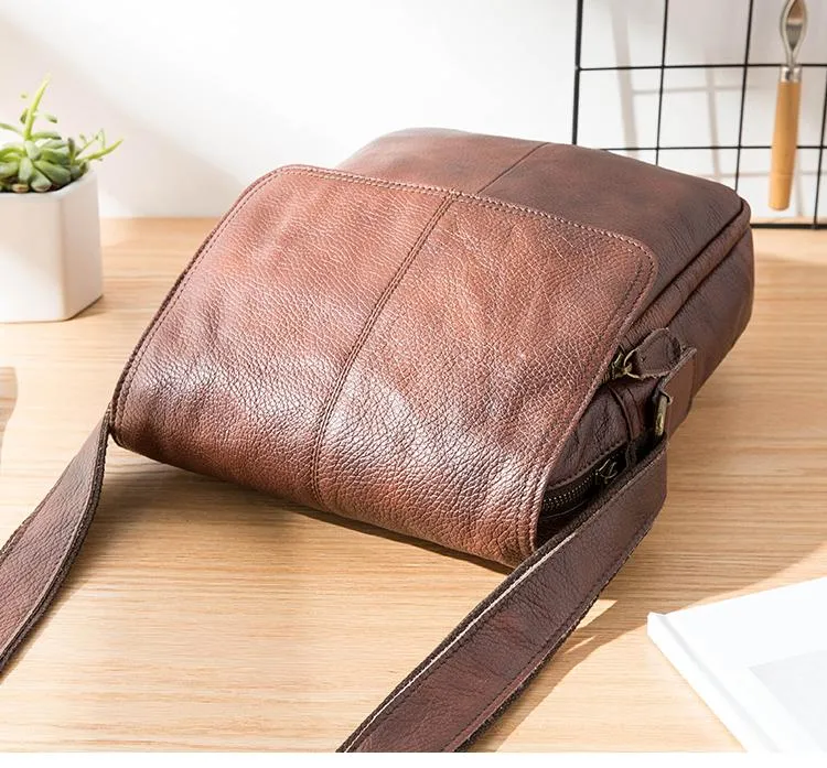 Casual Leather Mens 8 inches Vertical Side Bag Brown Messenger Bags Postman Bag for Men