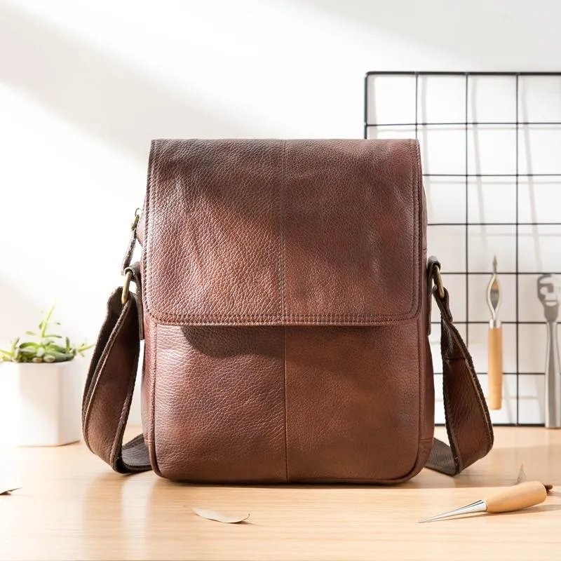 Casual Leather Mens 8 inches Vertical Side Bag Brown Messenger Bags Postman Bag for Men