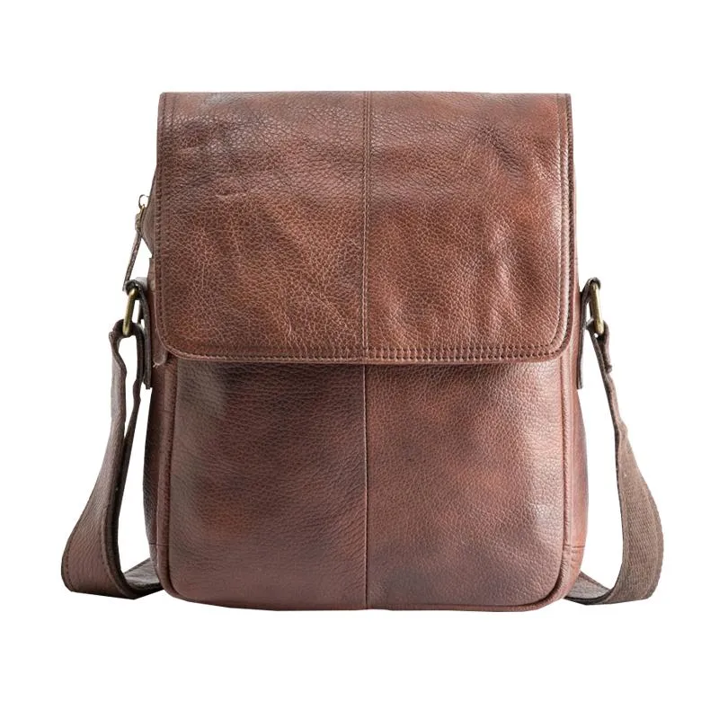 Casual Leather Mens 8 inches Vertical Side Bag Brown Messenger Bags Postman Bag for Men