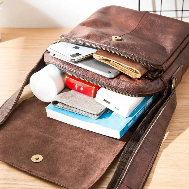 Casual Leather Mens 8 inches Vertical Side Bag Brown Messenger Bags Postman Bag for Men