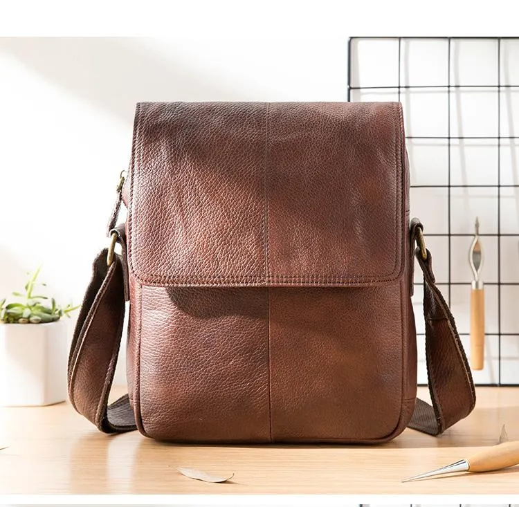 Casual Leather Mens 8 inches Vertical Side Bag Brown Messenger Bags Postman Bag for Men