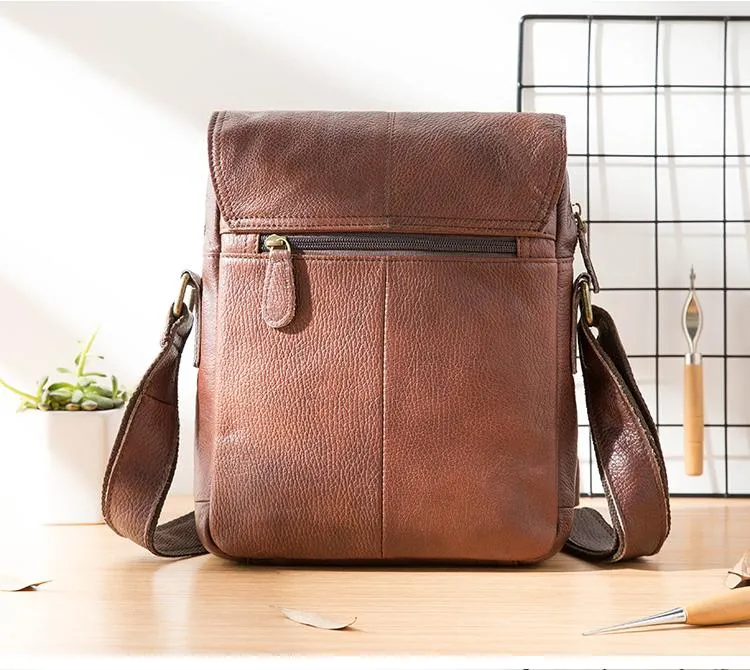 Casual Leather Mens 8 inches Vertical Side Bag Brown Messenger Bags Postman Bag for Men