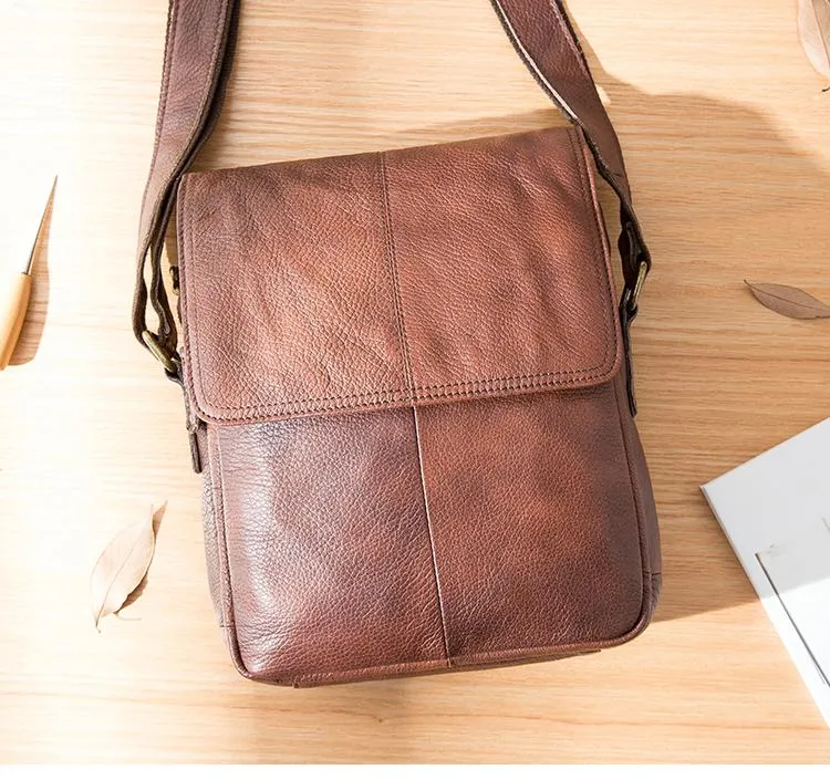 Casual Leather Mens 8 inches Vertical Side Bag Brown Messenger Bags Postman Bag for Men