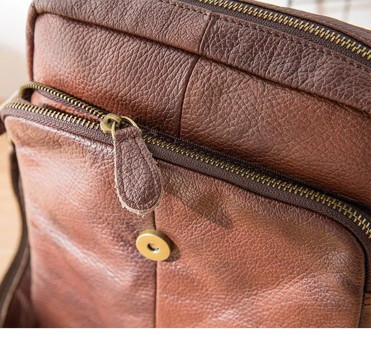 Casual Leather Mens 8 inches Vertical Side Bag Brown Messenger Bags Postman Bag for Men