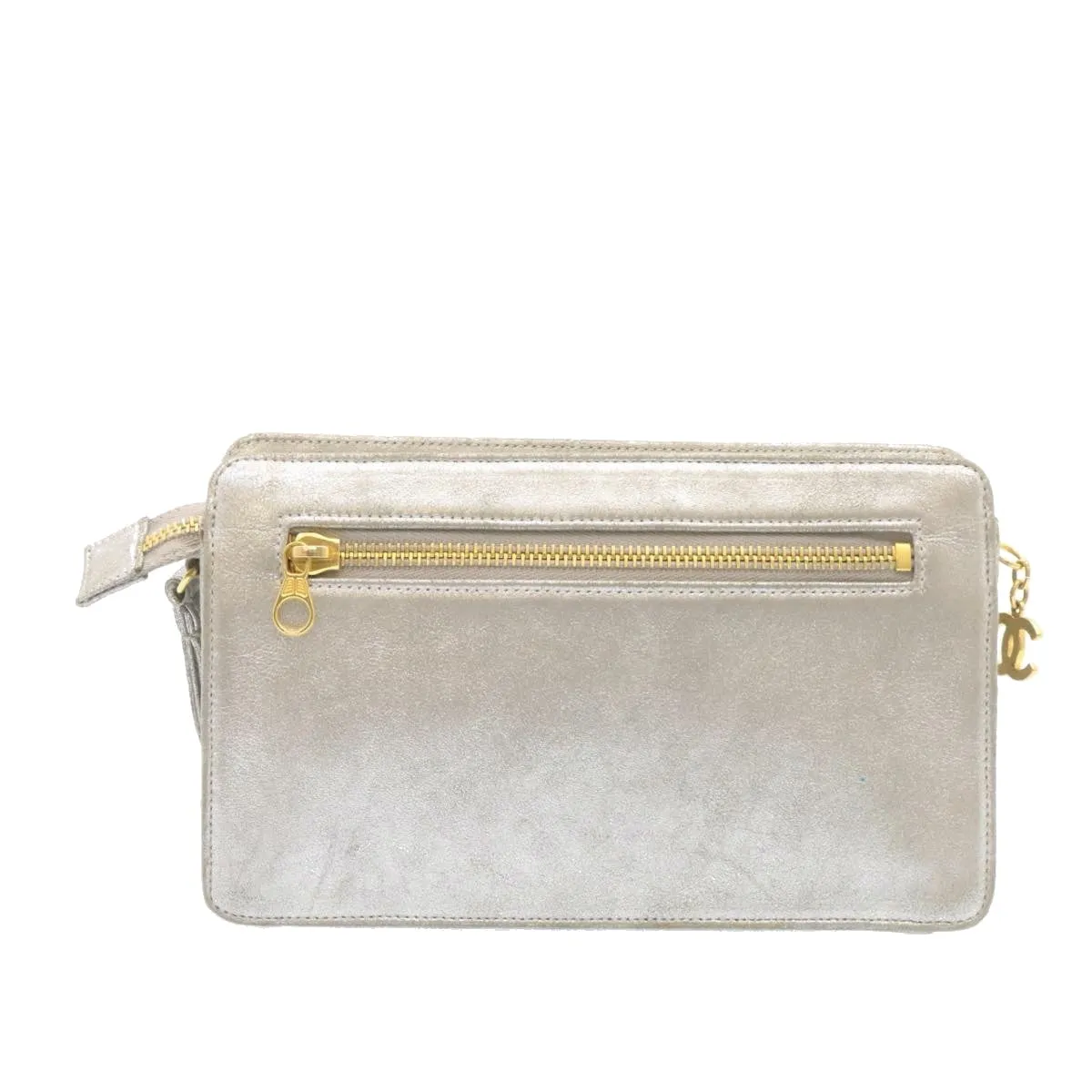CHANEL Clutch Bag Leather Silver CC Auth 26857A