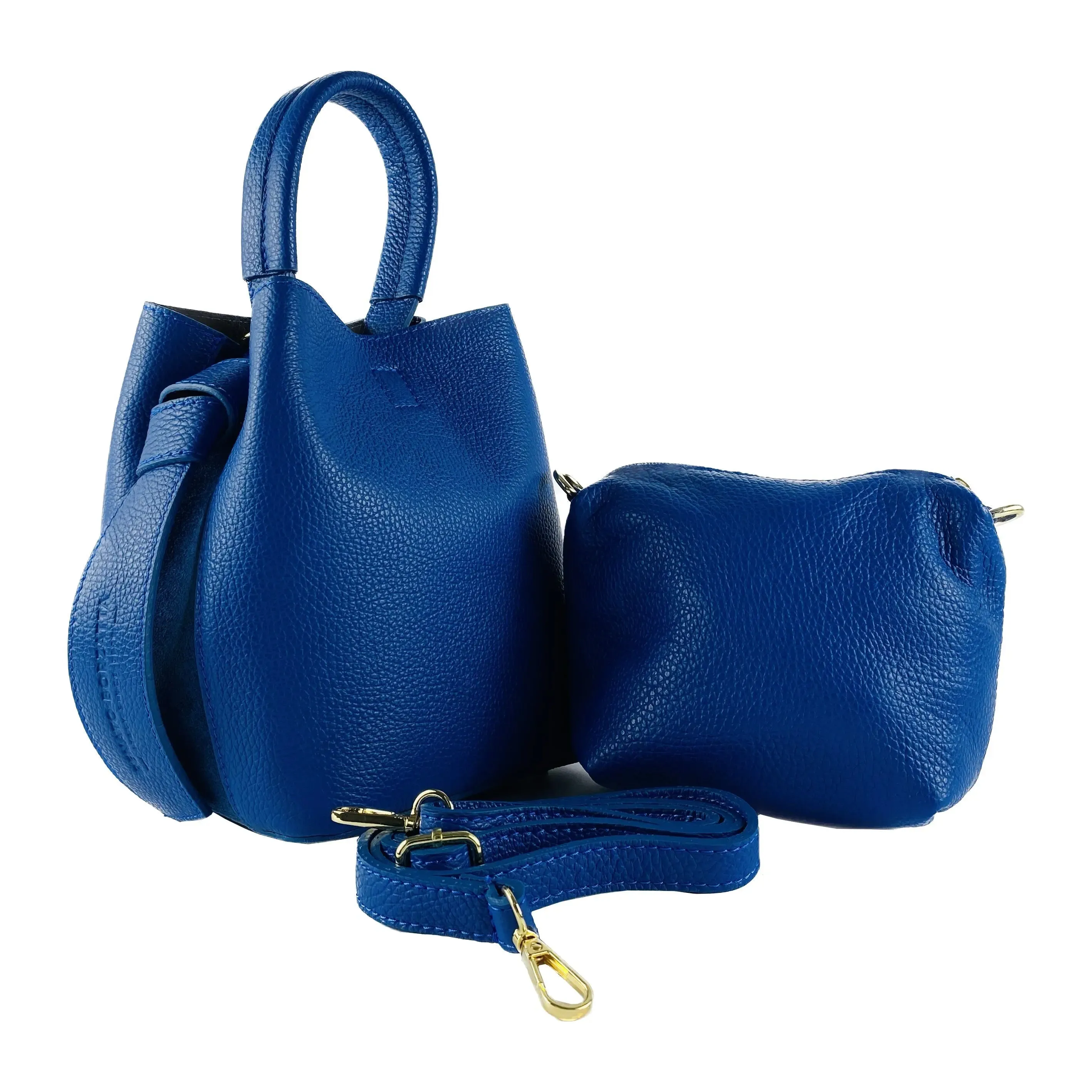 Chic Italian Royal Blue Leather Bucket Bag with Removable Pouch