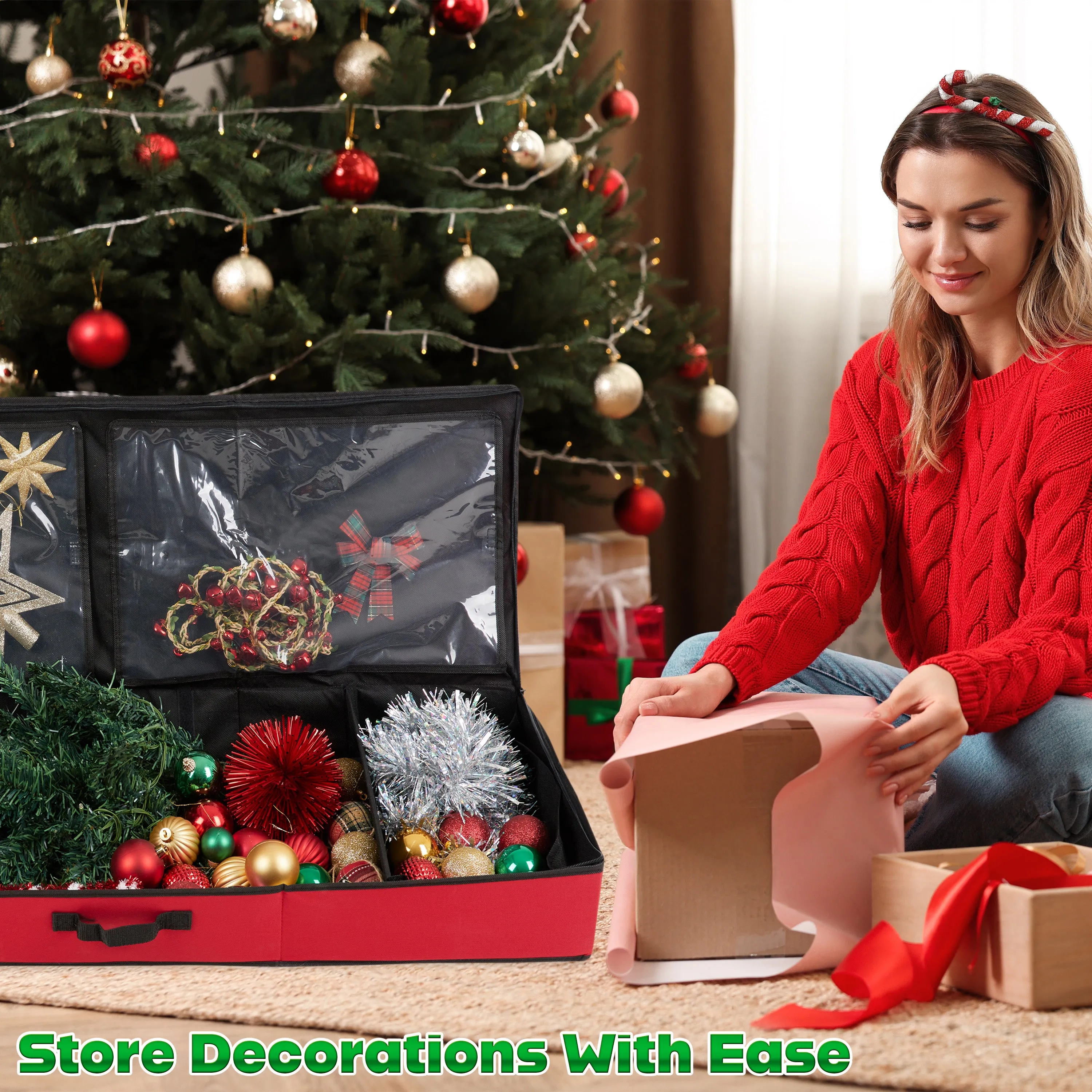 Christmas Tree Storage Bag - Zipped Christmas Storage Tree Bag - Red 100 cm
