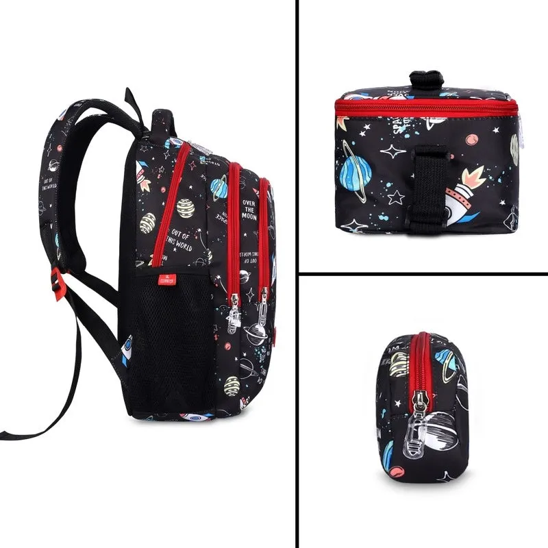 Combo: School Backpack with Pencil Pouch & Lunch Bag Trio | 30L | Jet Black