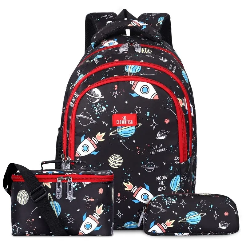 Combo: School Backpack with Pencil Pouch & Lunch Bag Trio | 30L | Jet Black