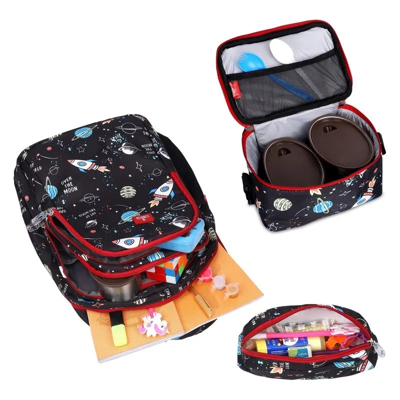 Combo: School Backpack with Pencil Pouch & Lunch Bag Trio | 30L | Jet Black