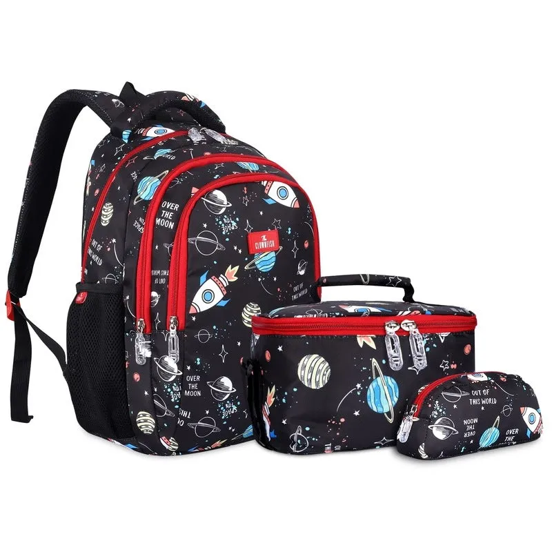 Combo: School Backpack with Pencil Pouch & Lunch Bag Trio | 30L | Jet Black