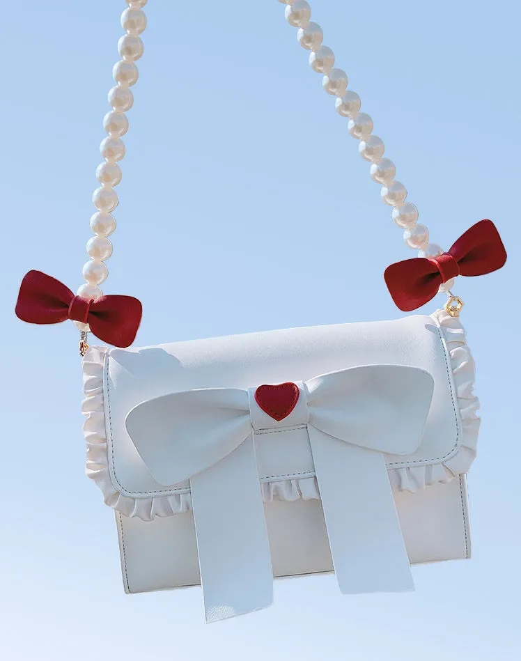 Cute Pearl Chain Bow Bowknot Red Blue White Messenger Bag