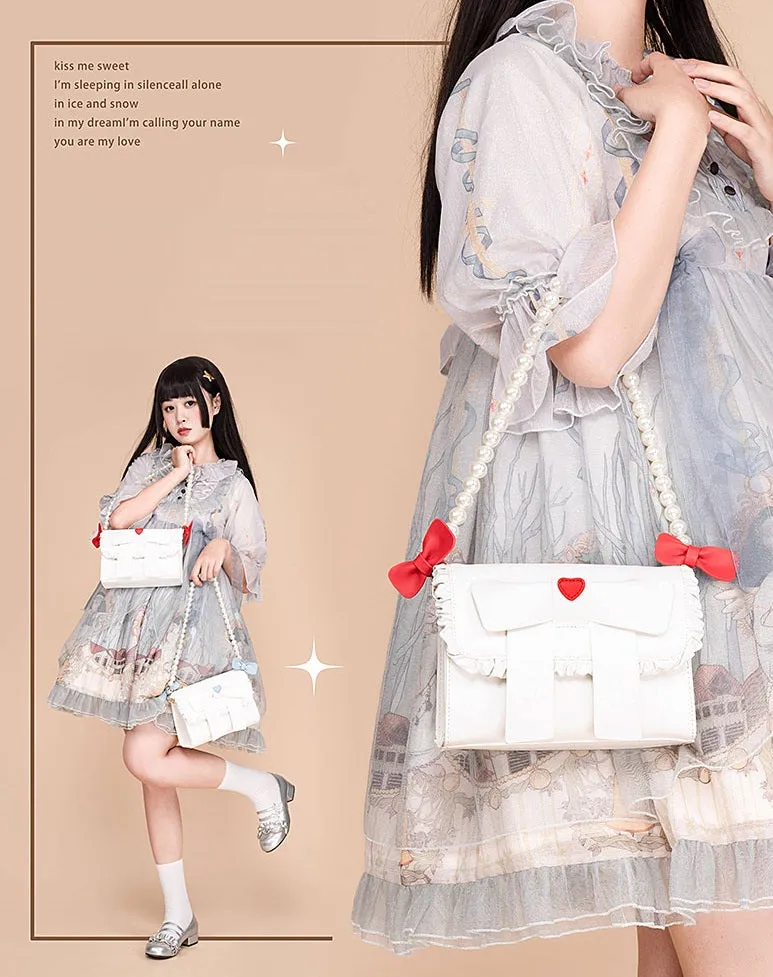 Cute Pearl Chain Bow Bowknot Red Blue White Messenger Bag