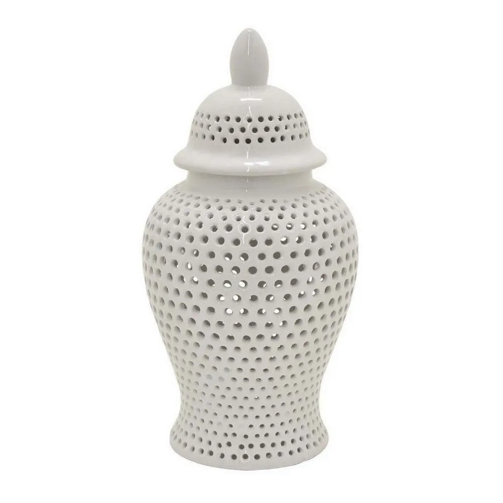 Deni 19 Inch Ginger Jar, Small Carved Cutout Lattice, Removable Lid, White By Casagear Home