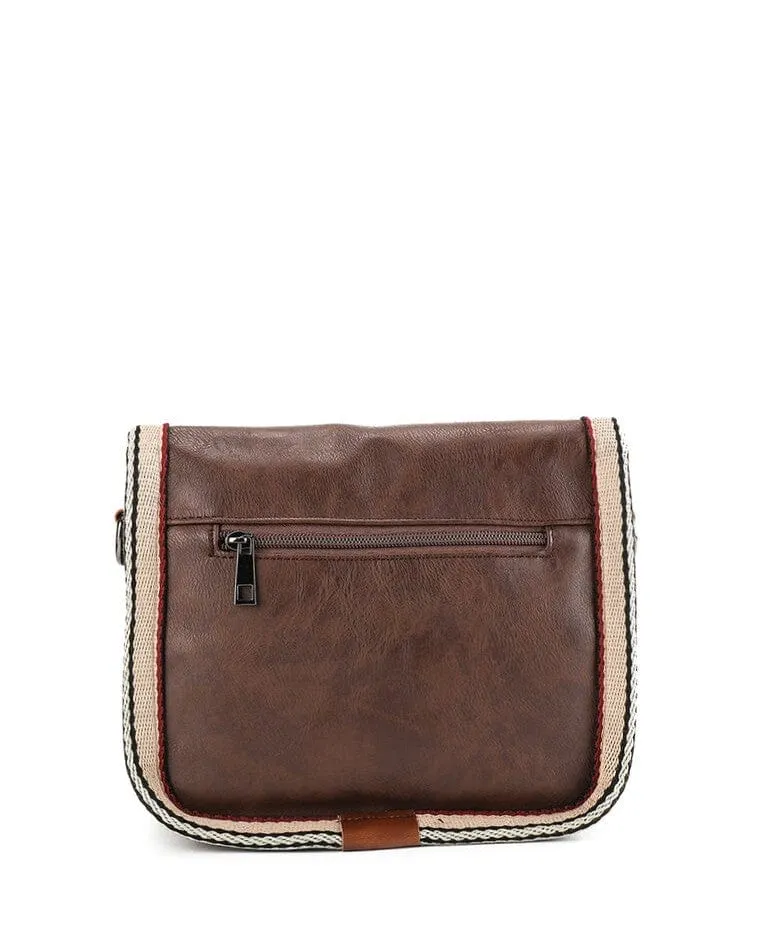 Distressed Leather Buckle Trim Crossbody Bag - Dark Brown