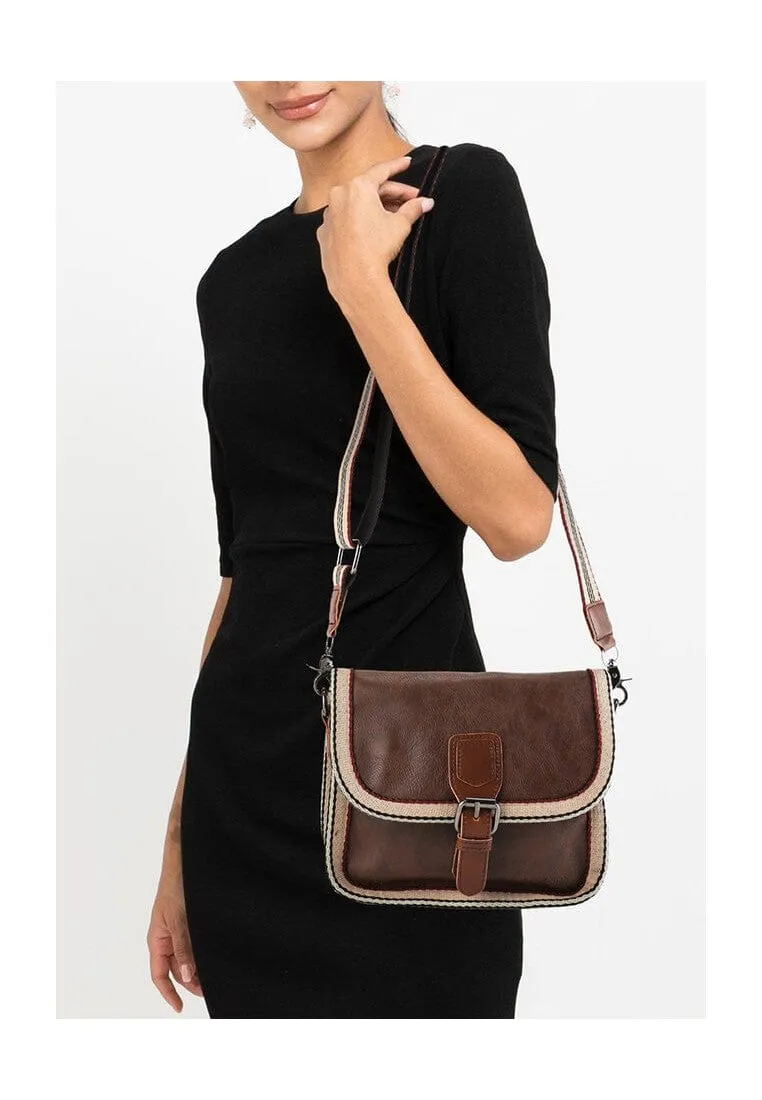 Distressed Leather Buckle Trim Crossbody Bag - Dark Brown